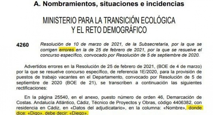 "Donde dice 'digo', debe decir 'Diego'", la corrección más viral del BOE (sí, es literal)