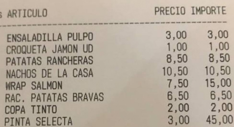 Insólito: una cuenta de un restaurante se hace viral por la disparatada consumición de cuatro comensales