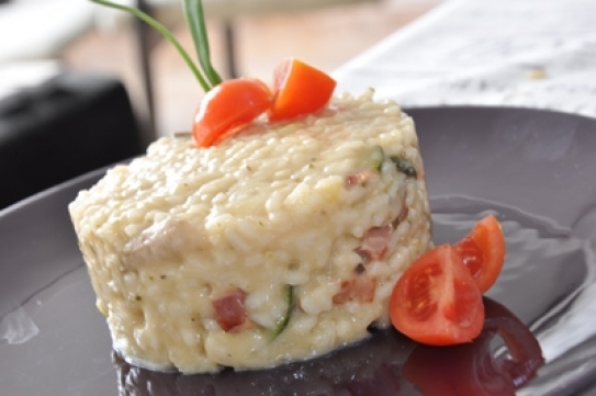 Risotto de bacon ahumado y verduritas