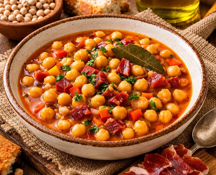Estofado de garbanzos pedrosillanos con jamón ibérico