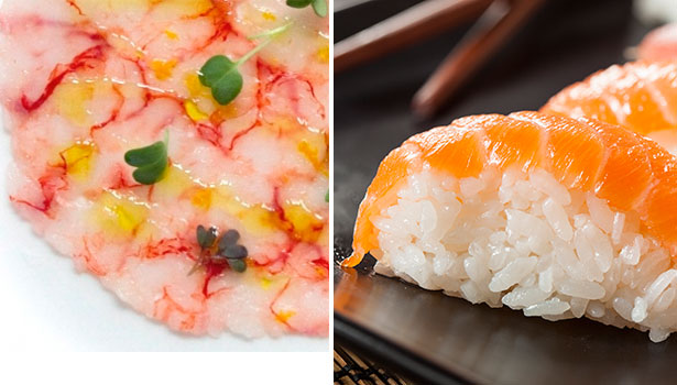 Carpaccio y nigiri de salmón