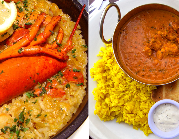 Platos con arroz: paella y curry indio